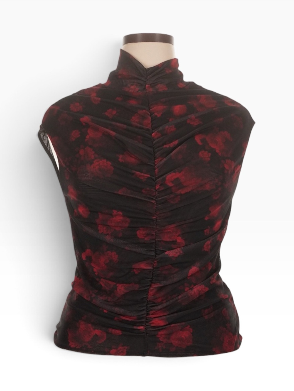 Jason Wu XL Burgundy Floral Mesh Ruched Mock Neck Sleeveless Top NWT